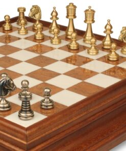 Jeu d'Échecs Perse - Échiquier en bois et Albâtre de Toscane avec tiroir & Pièces en laiton massif