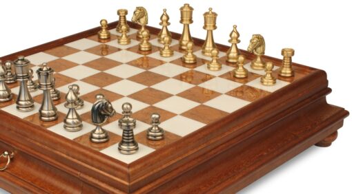 Jeu d'Échecs Perse - Échiquier en bois et Albâtre de Toscane avec tiroir & Pièces en laiton massif