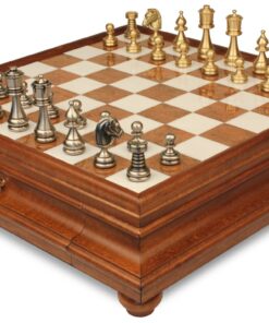 Jeu d'Échecs Perse - Échiquier en bois et Albâtre de Toscane avec tiroir & Pièces en laiton massif