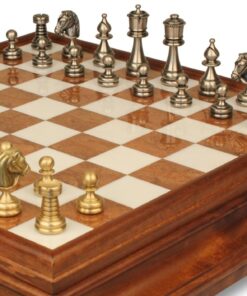 Jeu d'Échecs Perse - Échiquier en bois et Albâtre de Toscane avec tiroir & Pièces en laiton massif