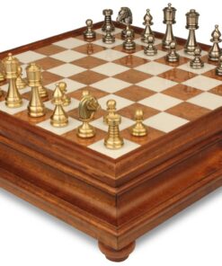 Jeu d'Échecs Perse - Échiquier en bois et Albâtre de Toscane avec tiroir & Pièces en laiton massif